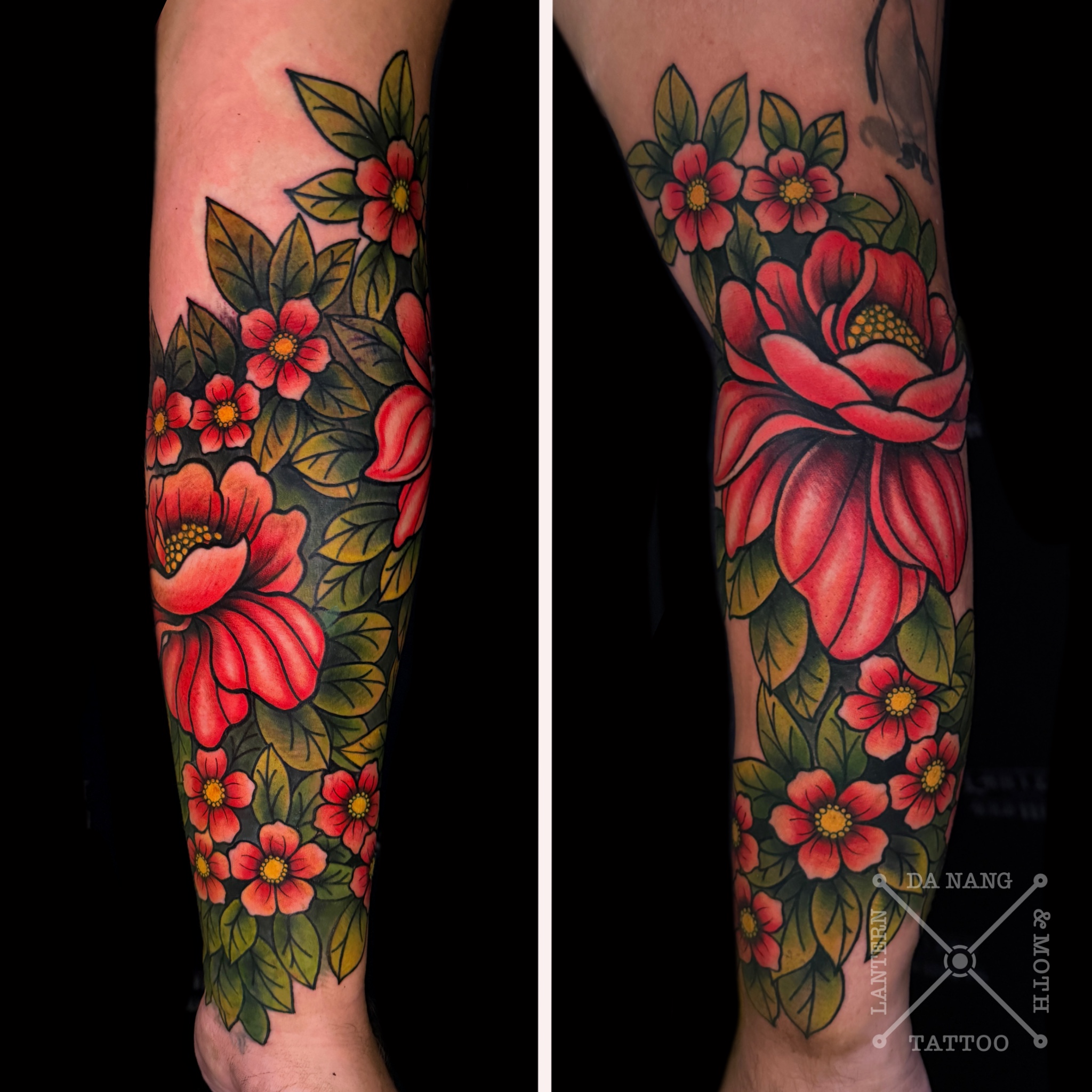 Floral-colour-sleeve-design-Da-Nang-tattoo-shop