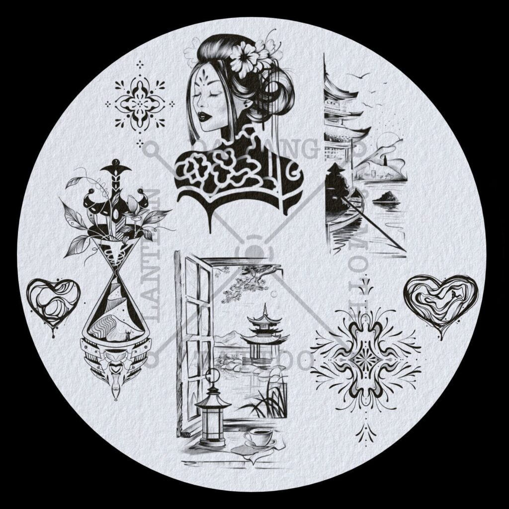 Tattoo flash sheet with assorted tattoo designs created at a professional tattoo shop in Da Nang Vietnam.