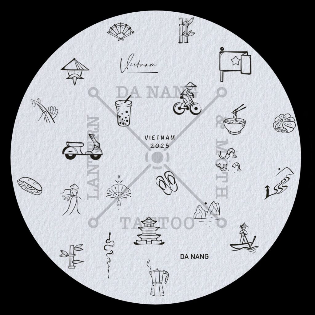 Multi-design tattoo flash sheet available at a trusted tattoo shop in Da Nang.