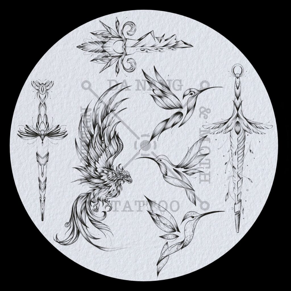 Tattoo flash sheet showing multiple tattoo design options at a professional tattoo shop in Da Nang.