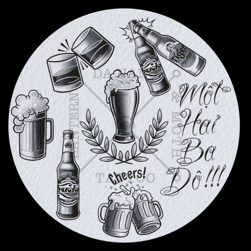 Tattoo flash artwork with multiple small tattoo ideas created at a professional tattoo shop in Da Nang Vietnam.