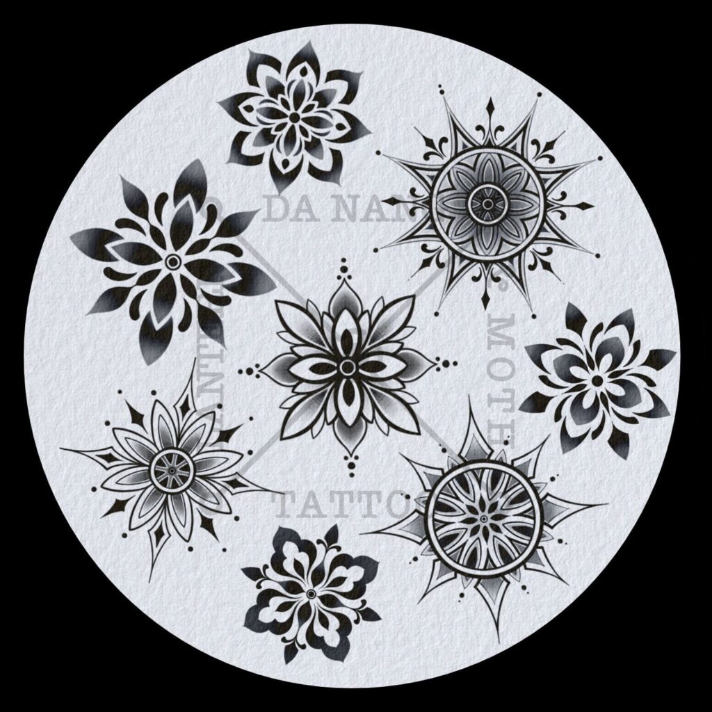 Professional tattoo flash artwork displaying multiple design options at a tattoo shop in Da Nang Vietnam.