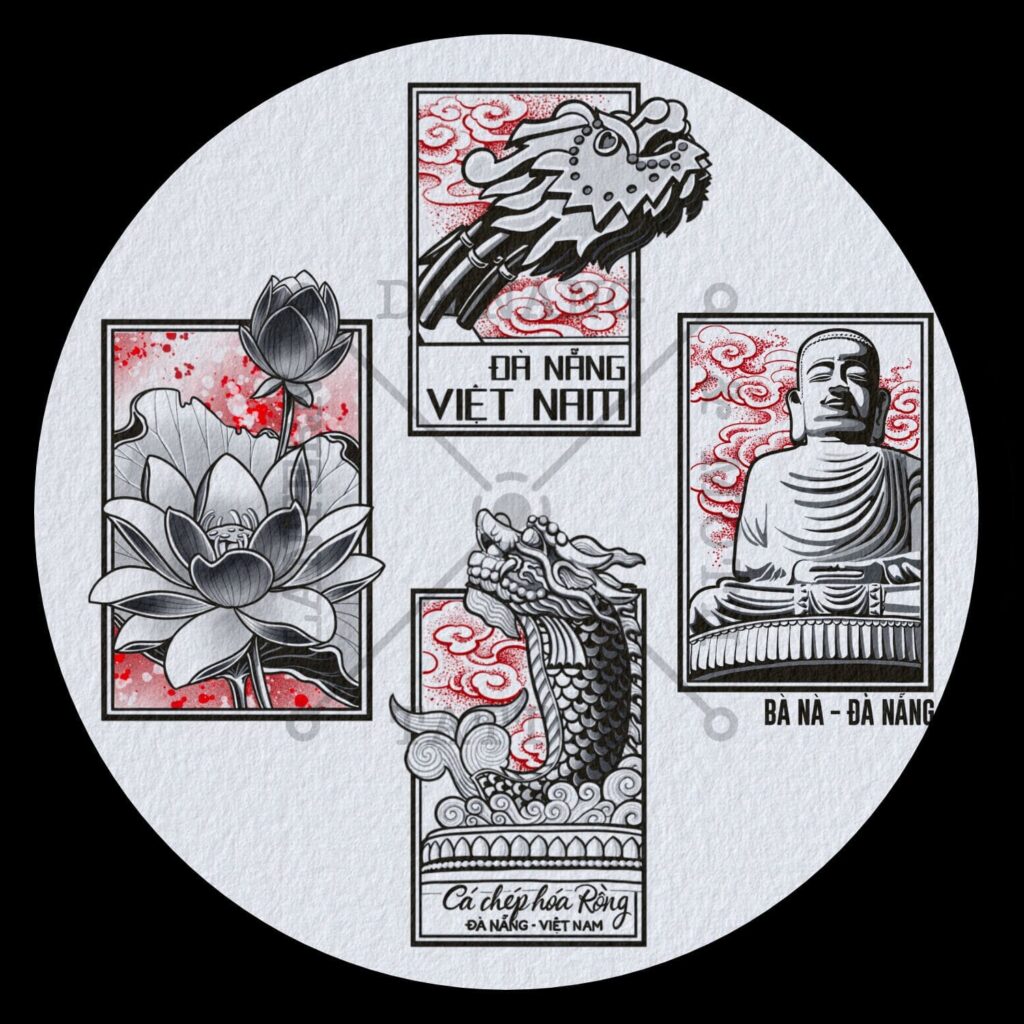 Tattoo flash sheet with multiple small tattoo designs created at a professional tattoo shop in Da Nang Vietnam.