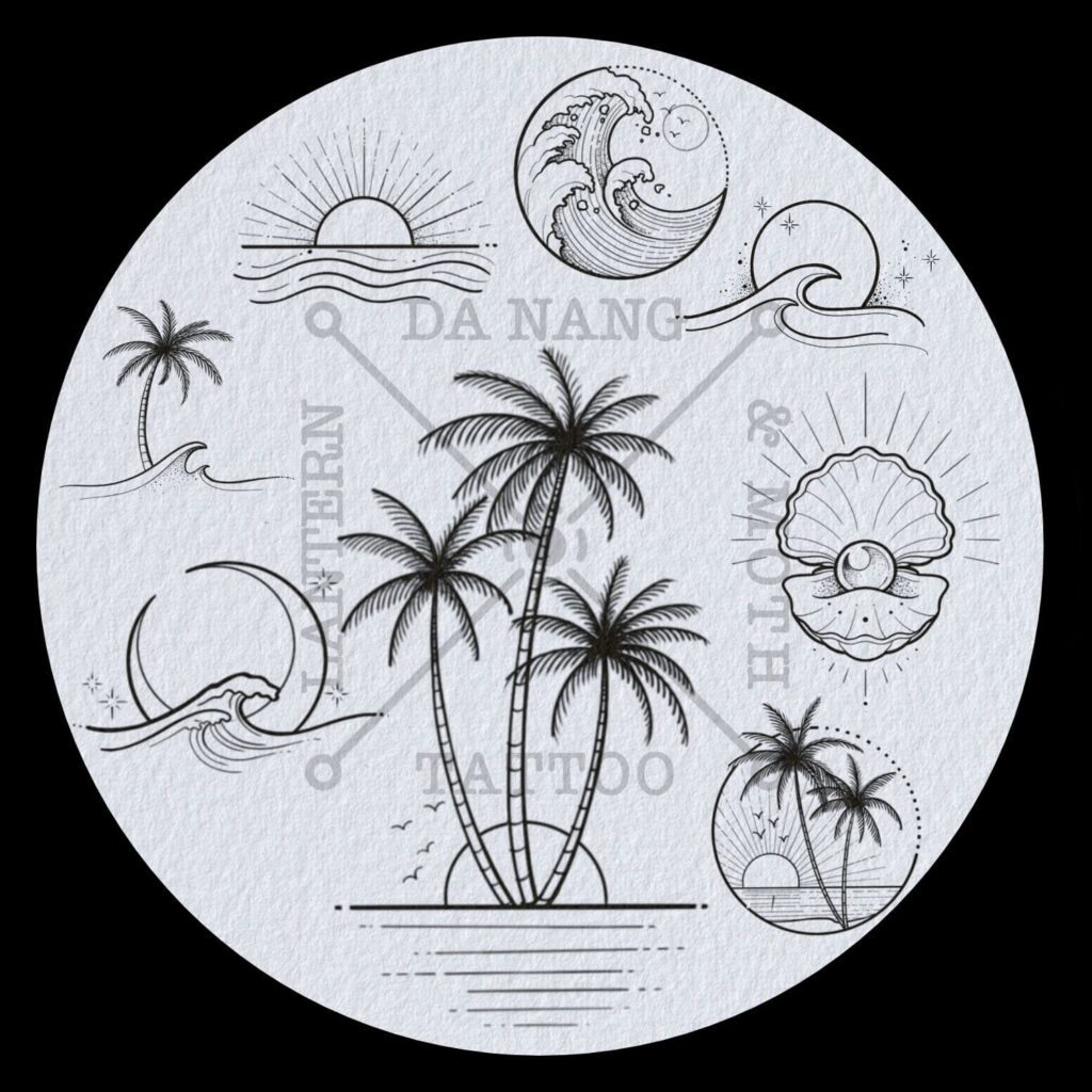 Tattoo flash artwork displaying multiple tattoo ideas available at a Da Nang tattoo studio.