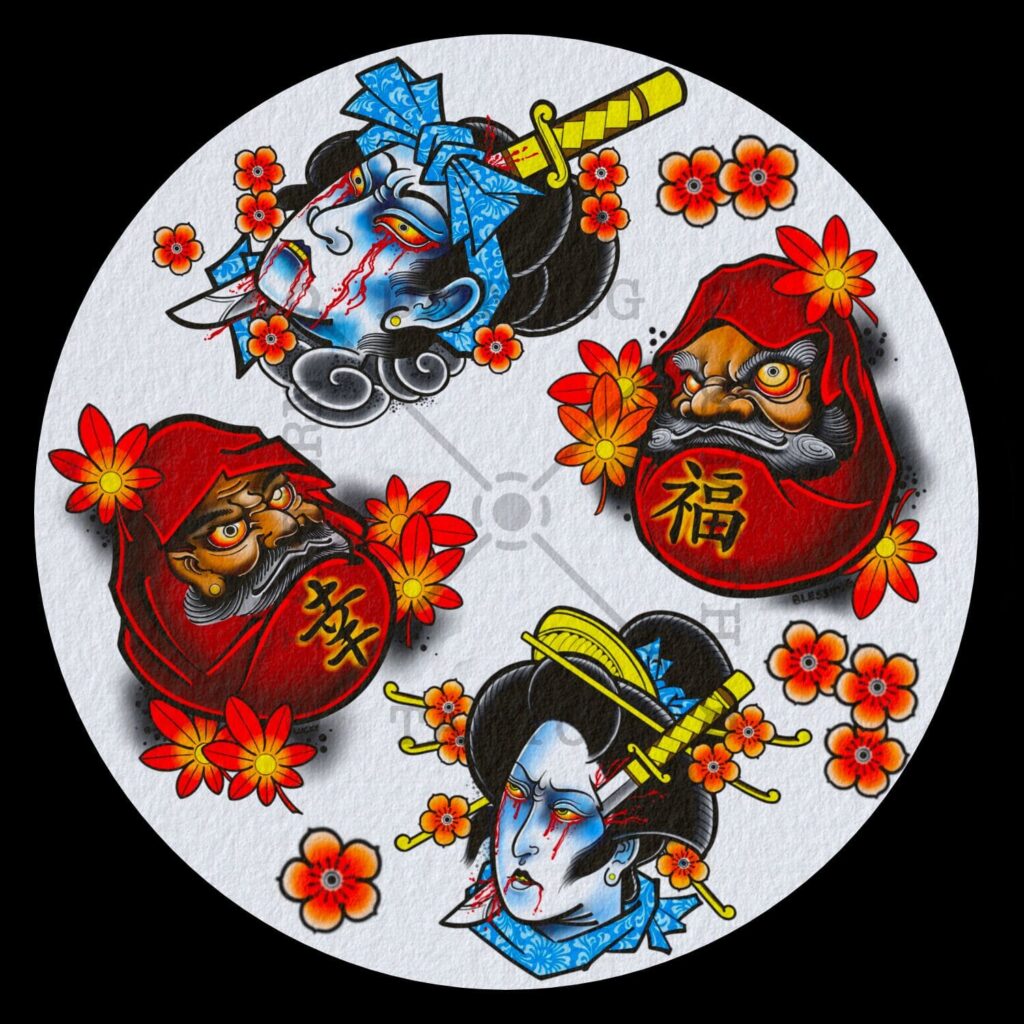 Tattoo flash design sheet offering multiple tattoo ideas at a Da Nang tattoo studio.