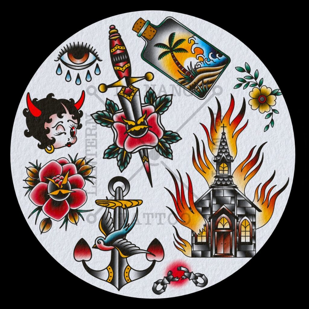 Tattoo flash collection designed for custom tattoos at a Da Nang tattoo studio.