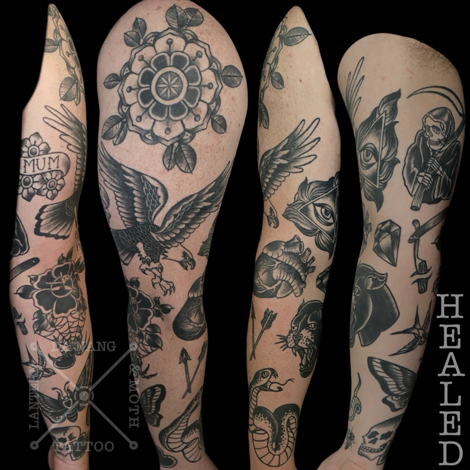 Black trad sleeve tattoo